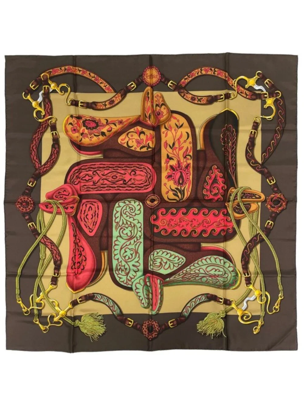 Hermes Carre 90 Festival Scarf Silk Brown Multicolor